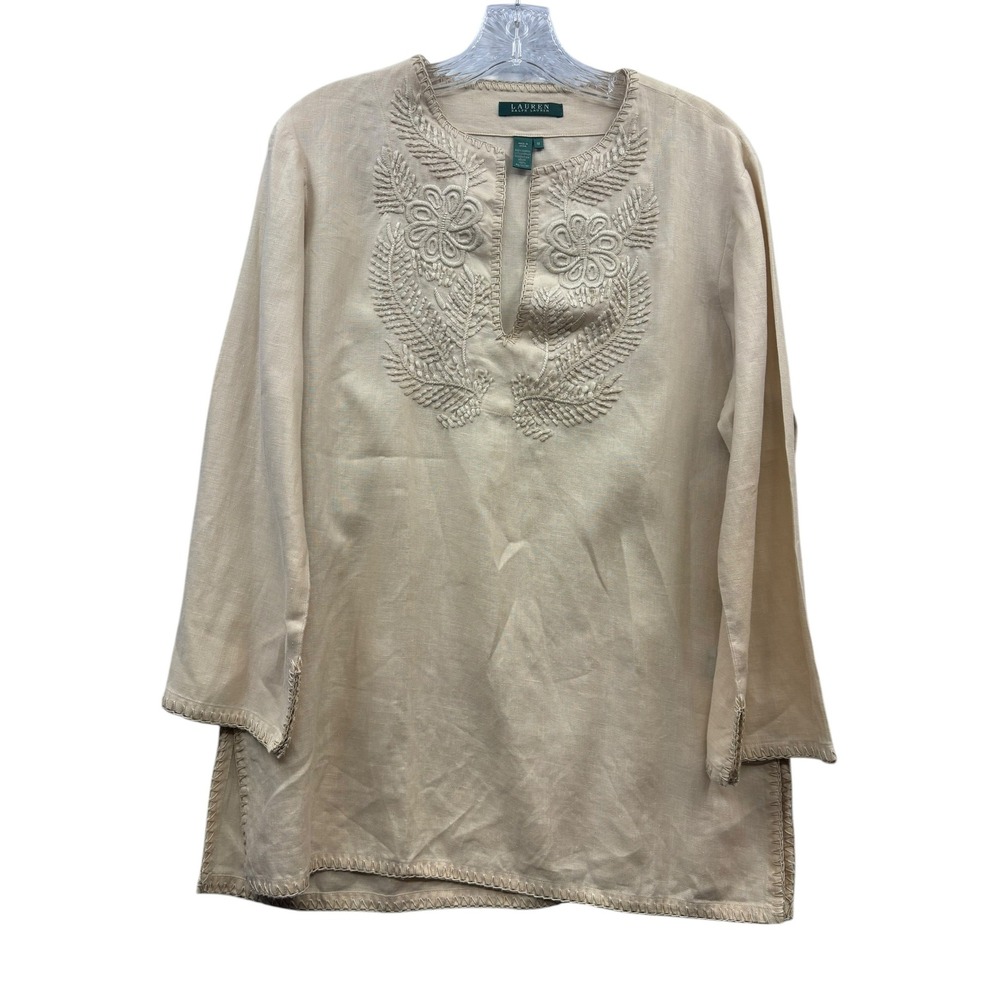Lauren Ralph Lauren Linen Embroidered Tunic Top Resort Beige Boho‎ Peasant M